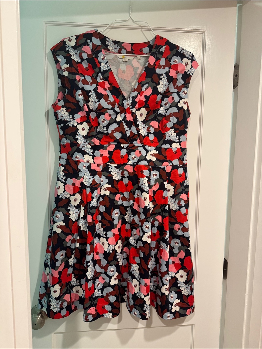 Boden Black Floral Fit-&-Flare Midi Dress with Red & Pink Blooms